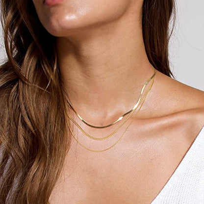 Freekiss Layered Necklace Set for Women Stackable | Herringbone Snake Cuban Rope Chain, Dainty Choker, Layered Stackable, Non Tarnish, Hypoallergenic, Adjustable 14-18.5" - color: Gold, style: Cuban+Box chain+Snake