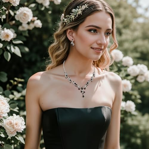BriLove Wedding Jewelry Set for Women Bride, Y-Necklace Dangle Earrings Crystal Teardrop Leaf Flower Cluster Bridal Bridesmaid - color: 13-Black Silver-Tone