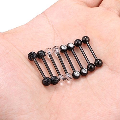 14G 9/16Inch Crystal Ball Nipple Tongue Shield Ring Barbell Body Piercing Jewelry Retainer 8-14PCS - color: 8PCS - Black