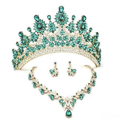 Crowns and Tiaras Jewelry Set for Women.Wedding (Gold Green) | Wedding Crown, Necklace Earrings, Princess Queen Birthday Party, Pageant Bridal, Costume Accessories - color: Gold Green