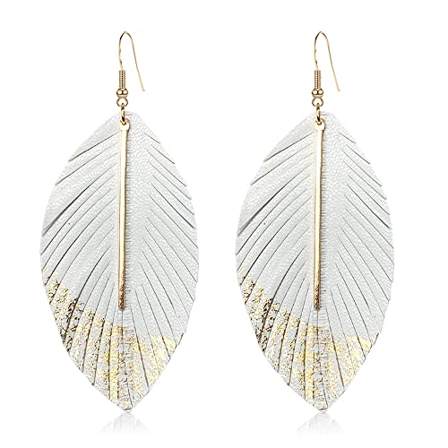 Bohemian Handmade Lightweight Color Large Genuine Soft Leather Fringe Feather Leaf Tear Dangle Drop Earrings for Women Statement - color: 2-White