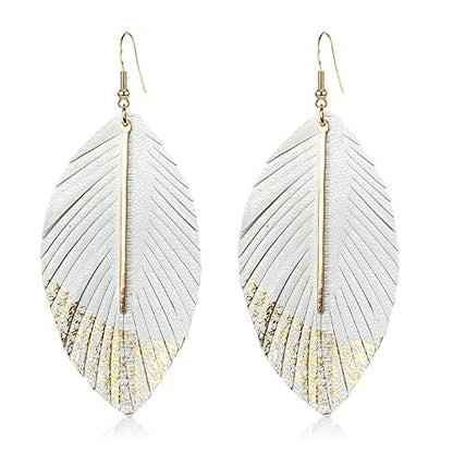 Bohemian Handmade Lightweight Color Large Genuine Soft Leather Fringe Feather Leaf Tear Dangle Drop Earrings for Women Statement - color: 2-White