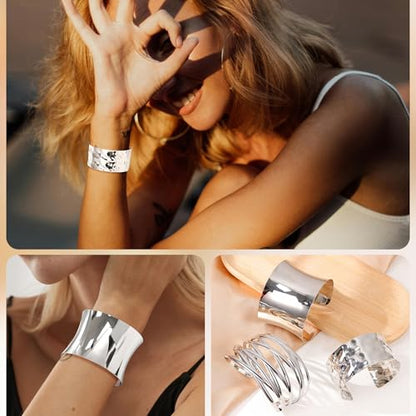 3Pcs Chunky Gold Cuff Bracelets Open Wide Bangle Bracelets Set for Women Minimalist Irregular Bracelet Statement Wrist Cuff Wrap Bracelet Jewelry - style: styleA silver