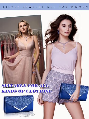 Henoyso 5 Pcs Purse Rhinestone Jewelry Set Prom Jewelry Rhinestone Clutch Purse Necklace Earrings Bracelets for Women Bride - color: Royal Blue