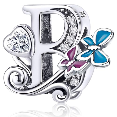 S925 Silver Butterfly Initial Letter Charms Fit for Pandora Charms Bracelets and Necklace Alphabet Bead Charms Jewelry Gifts for Women - color: B