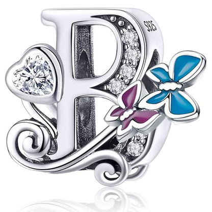 S925 Silver Butterfly Initial Letter Charms Fit for Pandora Charms Bracelets and Necklace Alphabet Bead Charms Jewelry Gifts for Women - color: B