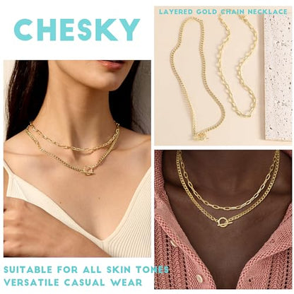 CHESKY 14K Gold Plated Layered Chain Necklace for Women | Trendy Cuban Link Chain, Chunky Paperclip Chain, Toggle Clasp Necklace, Fashion Gold Jewelry, Daily Gift for Women - style: Paperclip/Toggle-GD