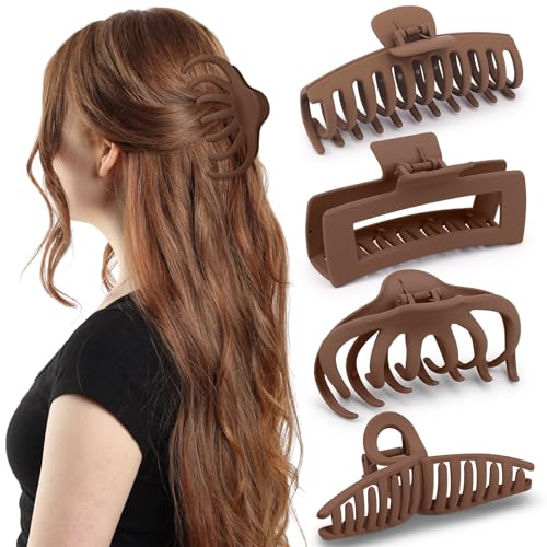 Matte 5 Inch Large Hair Clips for Thick Hair, Brown, 4 Pack | Extra large hair claw clips in brown, designed for secure hold and everyday styling - color: Matte: Brown