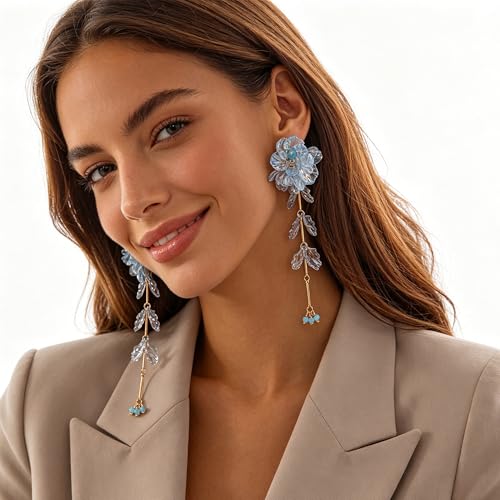 Fabric Flower Earrings for Women Colorful Long Tassel Floral Drop Earrings Fashion Boho Exaggerated Statement Beach Party Jewelry - color: acrylic blue