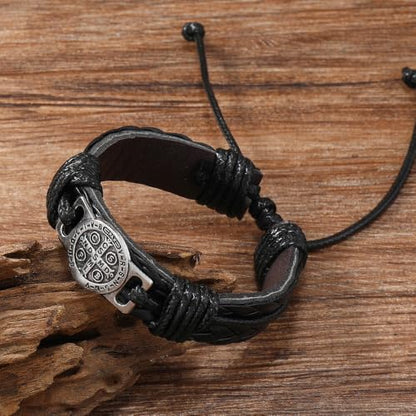 2 Pack Braided Leather Cross Bracelet for Men, Handmade Adjustable Wristband - color: Black