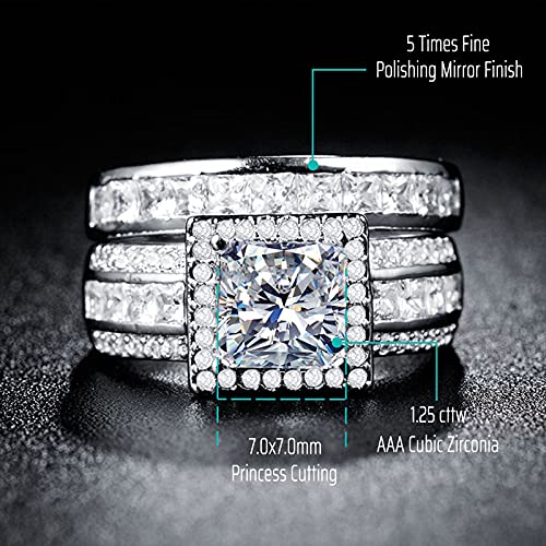 CEJUG 3Ct Princess Wedding Rings for Women Engagement Ring Set Bands 18k White Gold Plated Halo Cz Size 6-10 - color: Silver