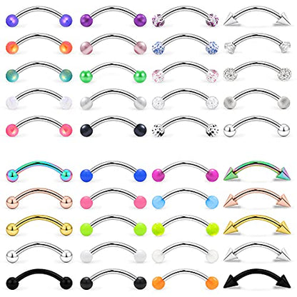 40Pcs 16G Surgical Steel Daith Rook Earring 8mm 10mm Curved Barbell Eyebrow Rings Belly Button Ring Piercing Jewelry for Women Men