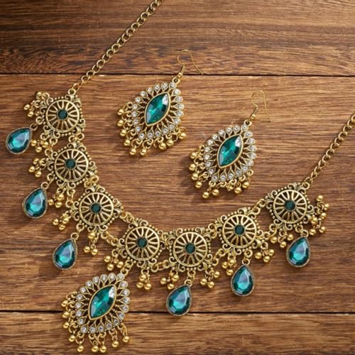 Frodete Indian Jewelry Sets for Women Traditional Bohemian Wedding Jewelry Set Indian Dresses for Women Oxidized Ethnic Party Prom Wear - color: D5:GOLD GREEN