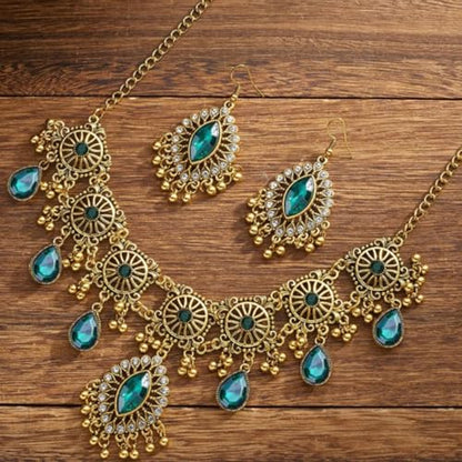 Frodete Indian Jewelry Sets for Women Traditional Bohemian Wedding Jewelry Set Indian Dresses for Women Oxidized Ethnic Party Prom Wear - color: D5:GOLD GREEN