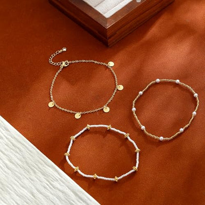 ASCOMY Ankle Bracelets for Women 14K Gold/Silver Plated Anklets for Women Waterproof Layered Cute Beads Dot Shining Twist Rope Chain Pearl Bar Link Heart Anklets Summer Beach Foot Chain Jewelry Gifts - style: 3Layered Millet Bead-GD
