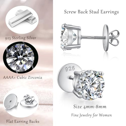 Jiamiaoi Stud Earrings Screw Back Sterling Silver Cubic Zirconia Stud Earrings Set 4 Millimeters-8 Millimeters Nickle Free Hypoallergenic Earring Studs - color: D-Flat-Round Silver, size: 7mm