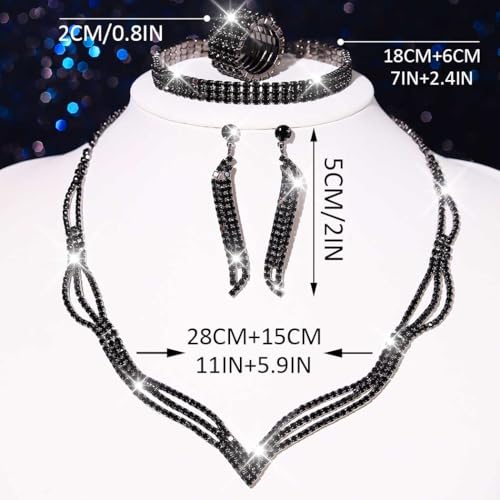 Rhinestone Bridal Wedding Jewelry Sets Black Necklace Earrings Bracelet Ring Set Prom Formal Costume Jewelry Set for Women and Brides - color: Black