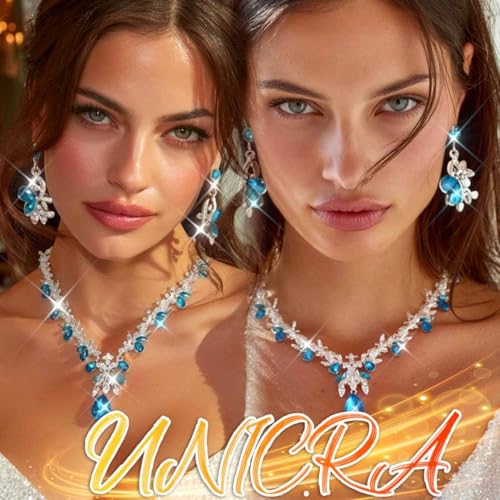 Rhinestone Bridal Wedding Jewelry Sets Gold Necklace Earrings Set Leaf Prom Formal Costume Jewelry Set for Women and Brides - color: Light Blue