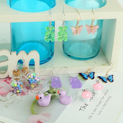 36 Pairs Weird Cute Earrings Fun Cool Mushroom Bear Flower Cat Funky Aesthetic Drop Dangle Earrings for Teen Girls Women Funny Jewelry Set