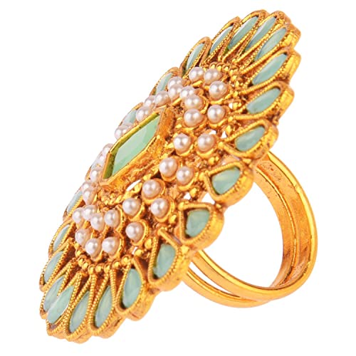 Efulgenz Indian Jewelry Ring Round Faux Pearl Crystal Adjustable Big Finger - color: Mint