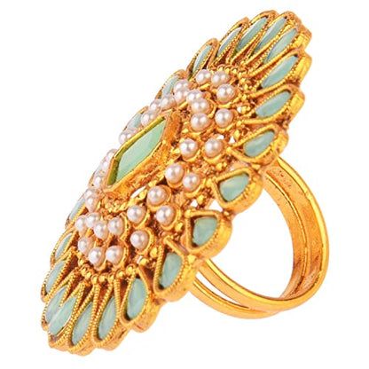 Efulgenz Indian Jewelry Ring Round Faux Pearl Crystal Adjustable Big Finger - color: Mint
