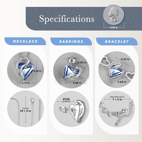 Leafael Necklace Gift Set for Women, Infinity Love Birthstone Heart Pendant with Matching Earrings and Bracelet, for Mom and Wife, Silver Plated - color: 03-Set-March & December-Light Sapphire Blue