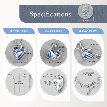 Leafael Necklace Gift Set for Women, Infinity Love Birthstone Heart Pendant with Matching Earrings and Bracelet, for Mom and Wife, Silver Plated - color: 03-Set-March & December-Light Sapphire Blue