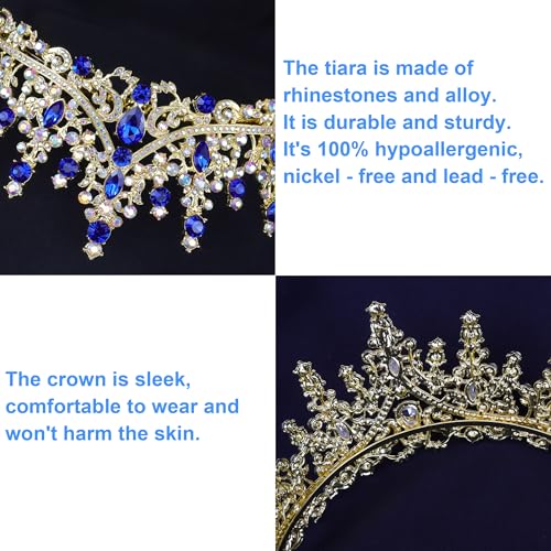 COCIDE Blue Crowns fpr Women Blue Tiaras for Women Royal Crown Hair Accessories Princess Halloween Cosplay Birthday Pageant Bride Headpieces Wedding Bridal - color: V3,Blue&Gold