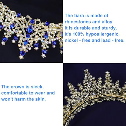 COCIDE Blue Crowns fpr Women Blue Tiaras for Women Royal Crown Hair Accessories Princess Halloween Cosplay Birthday Pageant Bride Headpieces Wedding Bridal - color: V3,Blue&Gold