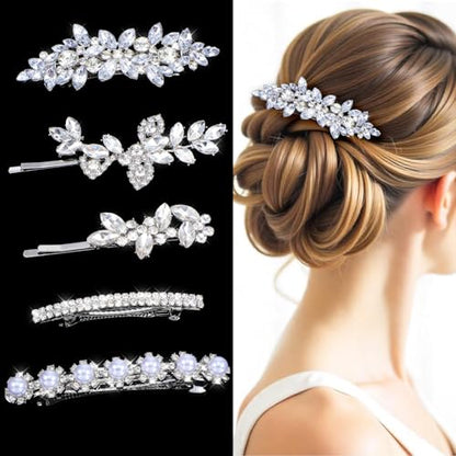 5 Pcs Hair Barrettes for Women, Rhinestone Hair Clips Silver Hairs Clips for Wedding Leaf Wedding Hairpin for Bride Women Brides Barrette Crystal Silver Flower Pearl Hairpins