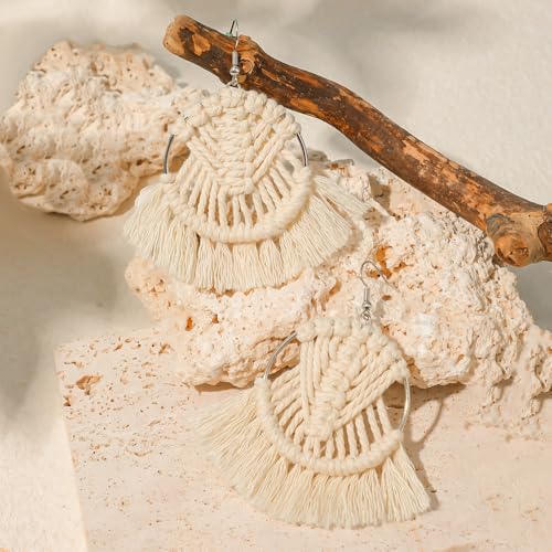 Bohemia Tassel Earrings Statement Handmade Dangle Ethnic Fringe Earrings Bamboo Weaving Geometric Square Sector Gifts for Women - color: round white