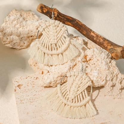 Bohemia Tassel Earrings Statement Handmade Dangle Ethnic Fringe Earrings Bamboo Weaving Geometric Square Sector Gifts for Women - color: round white