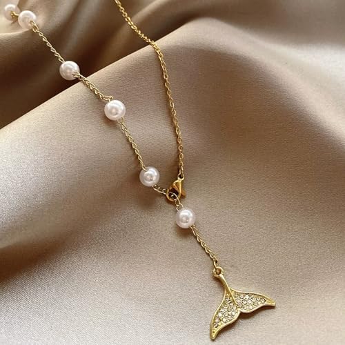 Boho Pearl Y Lariat Necklace for Women,Cz Fishtail Drop,Crystal Mermaid Tail, Y Drop Chain Jewelry for Girls