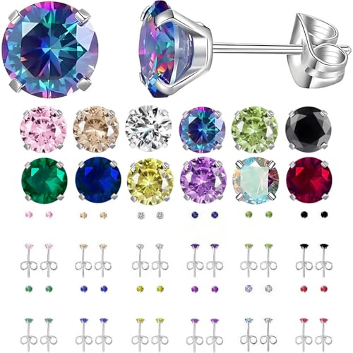 12 Pairs Stud Earrings Set, Hypoallergenic Surgical Stainless Steel 316L Earring for Women Men, Small Earring Studs Pack with Cubic Zirconia - color: 12 Colors-3mm x 12 Pairs