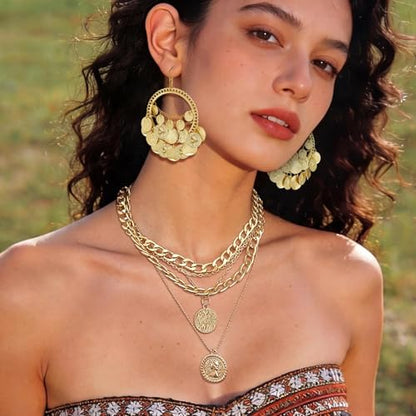 2 Pcs Layered Golden Pirate Necklace Earrings for Women Chunky Chain Layered Necklace Boho Gypsy Hoop Earrings Punk Grunge 80s 90s Coin Pendant Jewelry Halloween Pirate Costume Accessories - color: Polish Golden B