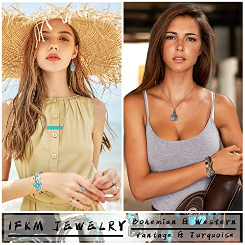 IFKM Bohemian Jewelry Set With Turquoise Necklace, Dangle Earrings, Stackable Bangle Bracelets, Knuckle Rings For Women Vintage Western Boho Turquoise Anniversary Birthday Friendship Gift - style: Western cowboy