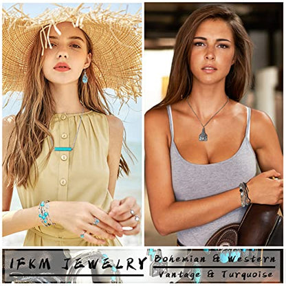 IFKM Bohemian Jewelry Set With Turquoise Necklace, Dangle Earrings, Stackable Bangle Bracelets, Knuckle Rings For Women Vintage Western Boho Turquoise Anniversary Birthday Friendship Gift - style: Western cowboy