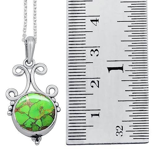 Natural Round Gemstone Pendant Necklace for Women, 925 Sterling Silver | Solitaire Birthstone Jewelry With 18 Inch Chain, Handmade Semi Precious Stone Pendant, Jewelry Gift for Mom, Wife & Sister - color: Green Copper Turquoise