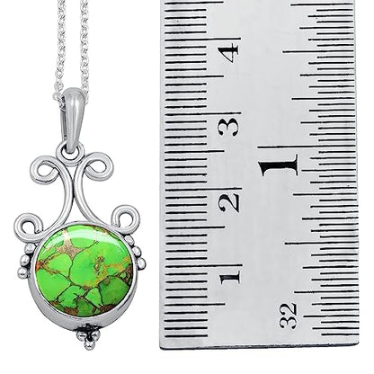 Natural Round Gemstone Pendant Necklace for Women, 925 Sterling Silver | Solitaire Birthstone Jewelry With 18 Inch Chain, Handmade Semi Precious Stone Pendant, Jewelry Gift for Mom, Wife & Sister - color: Green Copper Turquoise