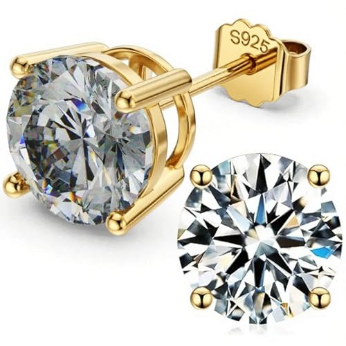 925 Sterling Silver Cubic Zirconia Studs Earrings for Women Men - Hypoallergenic 14K White Gold Plated 5/6/7/8mm Clear Round Cut CZ Studs Earrings - color: Gold 4 Prong, size: 6mm