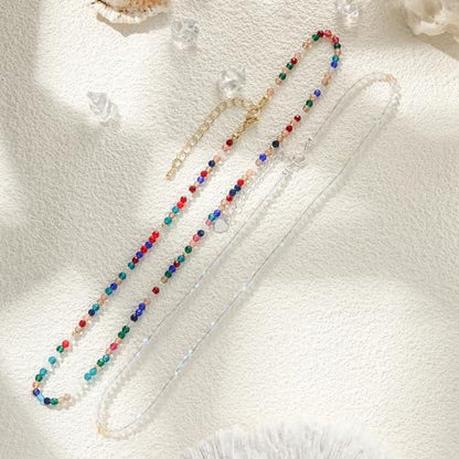 JSJOY Tiny Crystal Beaded Choker Necklaces for Women Colorful Beaded Necklace Dainty Choker Necklaces Simple Boho Jewelry Gifts for Teens Handmade Shining Bead Necklaces Gifts - color: White