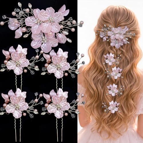 5 PCS Large Flower Bridal Wedding Hair Pins Crystal Pearl Hair Clips Headpiece Bride Hair Accessories Jewelry with Rhinestone, Glitter Emboss Pink Flower - color: Glitter Emboss Pink Flower