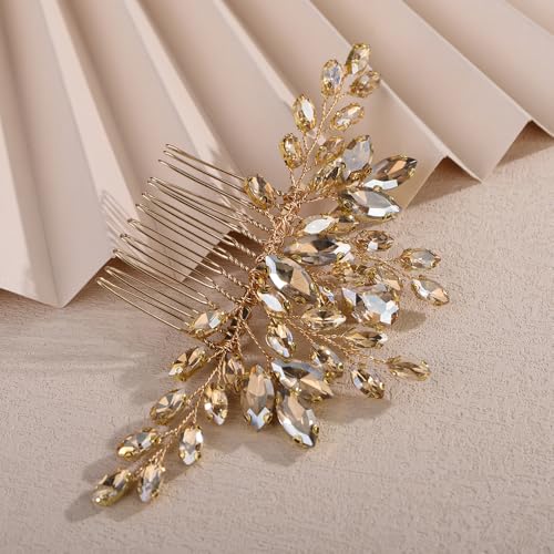 Teyglen Champagne Teardrop Crystal Hair Comb Bride Rhinestone Wedding Hair Comb Bridal Hair Piece Hair Accessories for Women Wedding Headpiece(Champagne) - color: Champagne