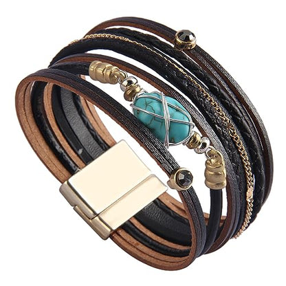 GelConnie Womens Leather Cuff Bracelet Feather Multi Strand Bracelet Wrap Bracelet Turquoise Boho Bangle Braided Leather Wristbands Bohemian Jewelry Gifts for Women Wife Sister - color: Black Leather Bracelet