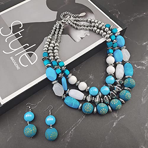 Bocar 3 Layer Chunky Statement Beaded Necklace and Earrings Set, Fashion Multi Layer Women Collar Necklace Jewelry Set - color: Cyan Blue