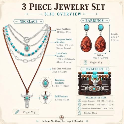 3Pcs Western Turquoise Jewelry Set Necklace Earrings Bracelet | Western Boho Style | Turquoise Beaded | Ox-Head Pendant | Layered Necklace | Faux Leather Cuff | Personalized Gift - color: Color-1