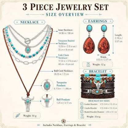 3Pcs Western Turquoise Jewelry Set Necklace Earrings Bracelet | Western Boho Style | Turquoise Beaded | Ox-Head Pendant | Layered Necklace | Faux Leather Cuff | Personalized Gift - color: Color-1