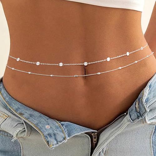 Gold Waist Chain for Women Dainty 14K Gold Plated Layered Belly Chain Adjustable Bikini Belly Beads for the Waist Waterproof Beach Accessories Body Chain Jewelry for Gifts - style: BY0002