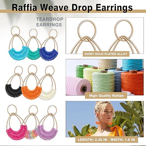 Raffia Hoop Earrings for Women Fun Boho Summer Beach Earrings Lightweight Handmade Straw Wicker Rattan Dangle Earrings Statement Geometric Round Drop Earrings - color: Light Blue - Teardrop