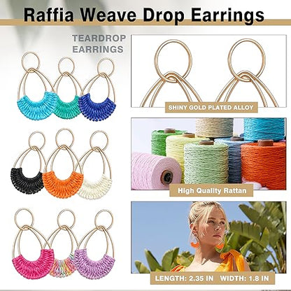 Raffia Hoop Earrings for Women Fun Boho Summer Beach Earrings Lightweight Handmade Straw Wicker Rattan Dangle Earrings Statement Geometric Round Drop Earrings - color: Light Blue - Teardrop